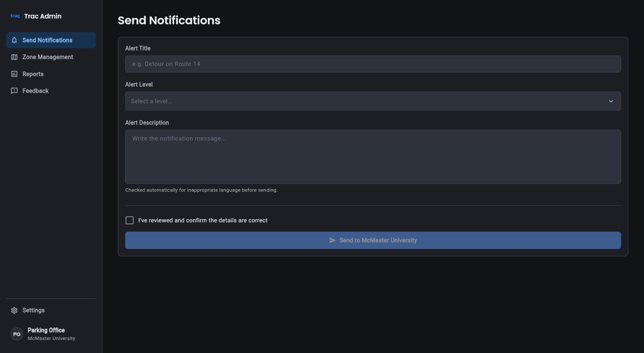Send notifications screen with alert title, level, and message fields
