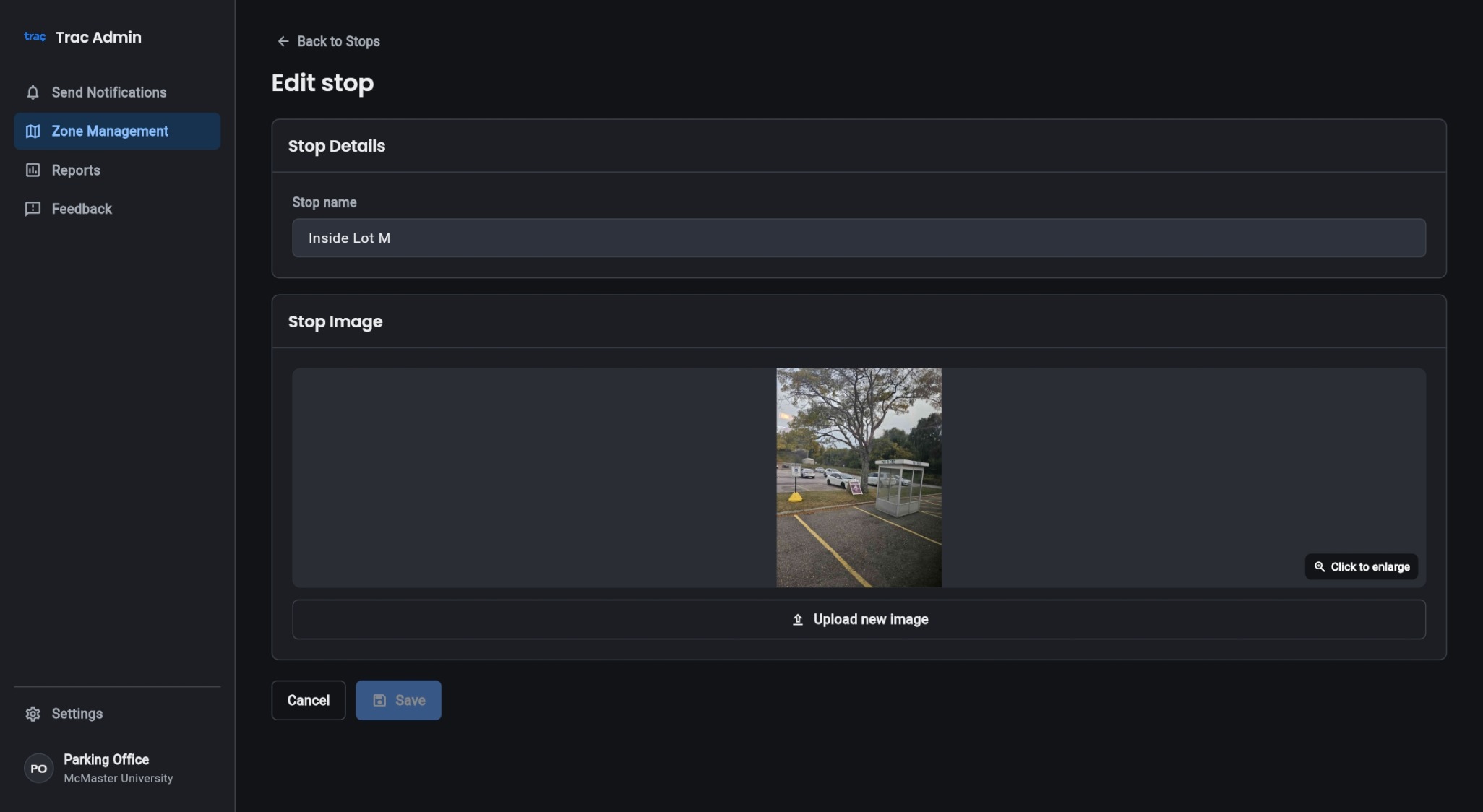 Edit stop screen with the stop name and a photo of the stop