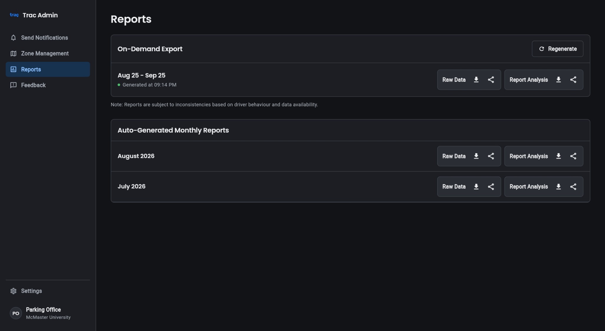 Reports screen with on-demand exports and monthly reports